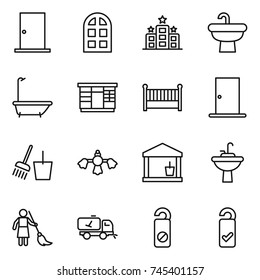 thin line icon set : door, arch window, hotel, sink, bath, wardrobe, crib, bucket and broom, hard reach place cleaning, utility room, water tap, brooming, home call, do not distrub, please clean