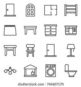 thin line icon set : door, arch window, plan, rack, curtain, table, chest of drawers, wardrobe, stool, chair, floor lamp, hard reach place cleaning, utility room, washing machine, toilet