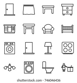 thin line icon set : door, curtain, table, nightstand, wardrobe, stool, armchair, crib, washing machine, floor lamp, hob, hard reach place cleaning, toilet, kitchen