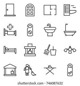 thin line icon set : door, arch window, plan, hotel, hospital, do not distrub, sink, bath, bed, fireplace, bucket and broom, hard reach place cleaning, utility room, brooming, iron board