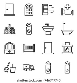 thin line icon set : door, arch window, hotel, hospital, do not distrub, sink, bath, dresser, crib, fireplace, bucket and broom, home call cleaning, please clean