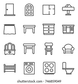thin line icon set : door, arch window, plan, restaurant, curtain, table, chest of drawers, wardrobe, dresser, stool, chair, armchair, crib, washing machine, hob, toilet