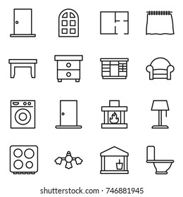 thin line icon set : door, arch window, plan, curtain, table, nightstand, wardrobe, armchair, washing machine, fireplace, floor lamp, hob, hard reach place cleaning, utility room, toilet