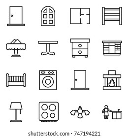 thin line icon set : door, arch window, plan, rack, restaurant, table, nightstand, wardrobe, crib, washing machine, fireplace, floor lamp, hob, hard reach place cleaning, kitchen