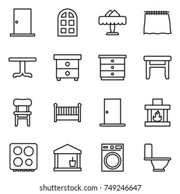thin line icon set : door, arch window, restaurant, curtain, table, nightstand, chest of drawers, stool, chair, crib, fireplace, hob, utility room, washing machine, toilet