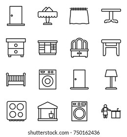 thin line icon set : door, restaurant, curtain, table, nightstand, wardrobe, dresser, stool, crib, washing machine, floor lamp, hob, utility room, kitchen cleaning