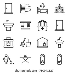 thin line icon set : door, hotel, hospital, sink, wardrobe, dresser, fireplace, bucket and broom, utility room, water tap, brooming, iron board, do not distrub, please clean