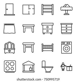 thin line icon set : door, plan, rack, restaurant, curtain, table, nightstand, chest of drawers, dresser, stool, crib, washing machine, hob, utility room, toilet, kitchen cleaning