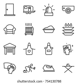 thin line icon set : door, trailer, alarm, surveillance camera, armchair, radiator, washing, plate, garage, apron, wiping, vacuum cleaner, iron, board