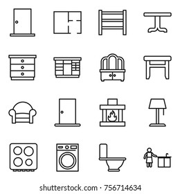 thin line icon set : door, plan, rack, table, chest of drawers, wardrobe, dresser, stool, armchair, fireplace, floor lamp, hob, washing machine, toilet, kitchen cleaning