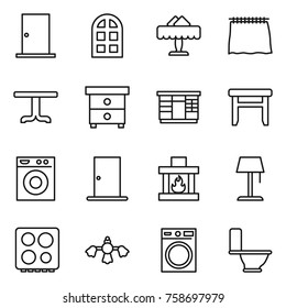 Thin line icon set : door, arch window, restaurant, curtain, table, nightstand, wardrobe, stool, washing machine, fireplace, floor lamp, hob, hard reach place cleaning, toilet