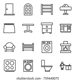 Thin line icon set : door, arch window, rack, restaurant, curtain, table, nightstand, wardrobe, armchair, crib, washing machine, fireplace, hob, toilet, kitchen cleaning
