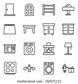 Thin line icon set : door, arch window, rack, restaurant, curtain, table, nightstand, chest of drawers, wardrobe, washing machine, fireplace, floor lamp, hob, hard reach place cleaning, kitchen