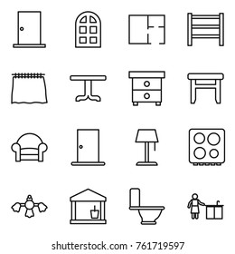 Thin line icon set : door, arch window, plan, rack, curtain, table, nightstand, stool, armchair, floor lamp, hob, hard reach place cleaning, utility room, toilet, kitchen