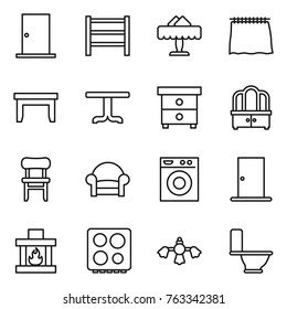 Thin line icon set : door, rack, restaurant, curtain, table, nightstand, dresser, chair, armchair, washing machine, fireplace, hob, hard reach place cleaning, toilet