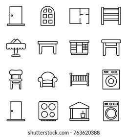 Thin line icon set : door, arch window, plan, rack, restaurant, table, wardrobe, stool, chair, armchair, crib, washing machine, hob, utility room