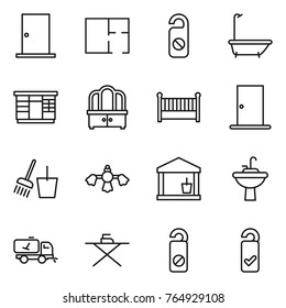 Thin line icon set : door, plan, do not distrub, bath, wardrobe, dresser, crib, bucket and broom, hard reach place cleaning, utility room, water tap sink, home call, iron board, please clean
