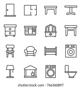Thin line icon set : door, plan, table, nightstand, wardrobe, dresser, stool, chair, armchair, crib, washing machine, floor lamp, utility room, toilet