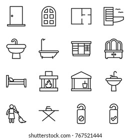 Thin line icon set : door, arch window, plan, hotel, sink, bath, wardrobe, dresser, bed, fireplace, utility room, water tap, brooming, iron board, do not distrub, please clean