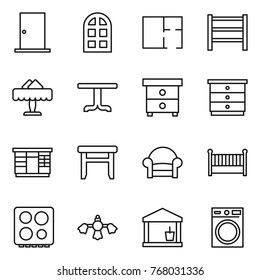 Thin line icon set : door, arch window, plan, rack, restaurant, table, nightstand, chest of drawers, wardrobe, stool, armchair, crib, hob, hard reach place cleaning, utility room, washing machine