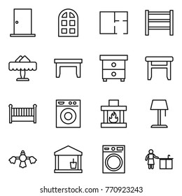 Thin line icon set : door, arch window, plan, rack, restaurant, table, nightstand, stool, crib, washing machine, fireplace, floor lamp, hard reach place cleaning, utility room, kitchen