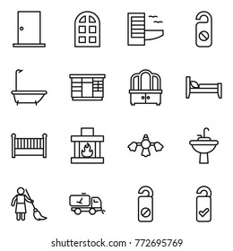 Thin line icon set : door, arch window, hotel, do not distrub, bath, wardrobe, dresser, bed, crib, fireplace, hard reach place cleaning, water tap sink, brooming, home call, please clean
