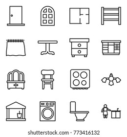 Thin line icon set : door, arch window, plan, rack, curtain, table, nightstand, wardrobe, dresser, chair, hob, hard reach place cleaning, utility room, washing machine, toilet, kitchen