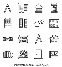 Thin line icon set : draw compass, houses, goverment house, building, skyscrapers, modular, school, gothic architecture, drawing compasses, fence, office, door, farm