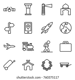 Thin line icon set : drawbridge, airport tower, lighthouse, minaret, signpost, mobile location, rocket, earth, plane, train, tourist, suitcase, bungalow, hawaiian wreath, trailer