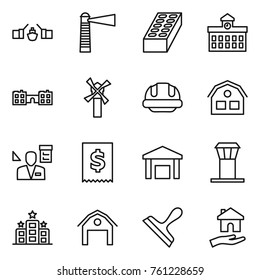 Thin line icon set : drawbridge, lighthouse, brick, university, school, windmill, building helmet, house, architector, tax, warehouse, airport tower, hotel, barn, scraper, housing