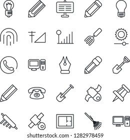 Thin Line Icon Set - drawing pin vector, bulb, pencil, garden fork, shovel, rake, satellite, brightness, fingerprint id, cellular signal, presentation board, ink pen, plan, phone, rolling, pc