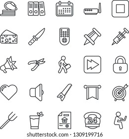 Thin Line Icon Set - drawing pin vector, farm fork, pruner, saw, hose, heart, syringe, 24 hours, remote control, stop button, fast forward, paper binder, manager, estate document, lock, phyto bar