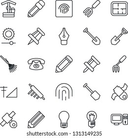 Thin Line Icon Set - drawing pin vector, bulb, job, pencil, garden fork, shovel, rake, well, satellite, brightness, fingerprint id, cellular signal, ink pen, plan, phone, rolling, pc