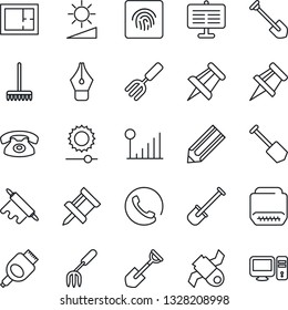 Thin Line Icon Set - drawing pin vector, job, pencil, garden fork, shovel, rake, satellite, hdmi, brightness, fingerprint id, cellular signal, presentation board, ink pen, plan, phone, rolling, pc