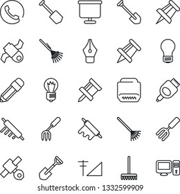 Thin Line Icon Set - drawing pin vector, bulb, job, garden fork, shovel, rake, satellite, hdmi, cellular signal, presentation board, ink pen, pencil, phone, rolling, pc