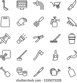 Thin Line Icon Set - drawing pin vector, job, garden fork, rake, watering can, wheelbarrow, bucket, pruner, glove, hoe, sickle, knife, axe, sprayer, monitor pulse, blood pressure, scalpel, themes