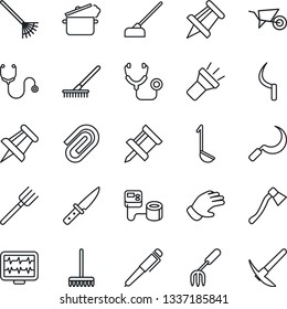 Thin Line Icon Set - drawing pin vector, garden fork, farm, rake, wheelbarrow, glove, hoe, sickle, axe, monitor pulse, stethoscope, blood pressure, torch, paper clip, pen, ladle, knife, steaming pan