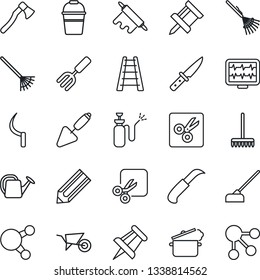 Thin Line Icon Set - drawing pin vector, pencil, trowel, garden fork, rake, ladder, watering can, wheelbarrow, bucket, hoe, sickle, knife, axe, sprayer, monitor pulse, share, cut, rolling