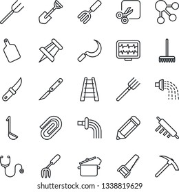 Thin Line Icon Set - drawing pin vector, pencil, garden fork, shovel, farm, rake, ladder, watering, saw, sickle, knife, monitor pulse, stethoscope, scalpel, cut, paper clip, ladle, rolling