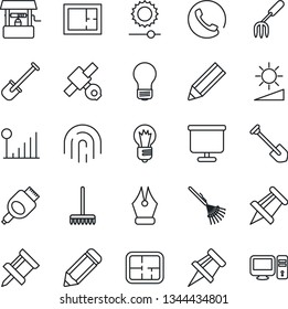 Thin Line Icon Set - drawing pin vector, bulb, job, pencil, garden fork, shovel, rake, well, satellite, hdmi, brightness, fingerprint id, cellular signal, presentation board, ink pen, plan, phone