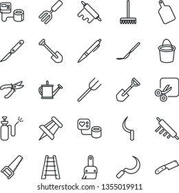 Thin Line Icon Set - drawing pin vector, job, garden fork, shovel, farm, rake, ladder, watering can, bucket, pruner, saw, sickle, sprayer, blood pressure, scalpel, themes, cut, pen, rolling, knife