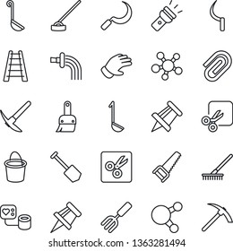 Thin Line Icon Set - drawing pin vector, job, garden fork, rake, ladder, bucket, watering, glove, saw, hoe, sickle, blood pressure, share, themes, torch, cut, paper clip, ladle, hard work