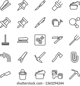 Thin Line Icon Set - drawing pin vector, farm fork, rake, watering can, bucket, pruner, saw, axe, blood pressure, scalpel, share, torch, cut, paper clip, pen, stapler, knife, steaming pan, hard work