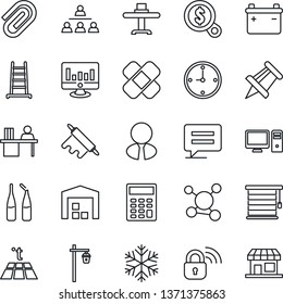 Thin Line Icon Set - drawing pin vector, statistic monitor, ladder, garden light, ampoule, patch, molecule, message, clock, paper clip, calculator, manager desk, hierarchy, warehouse, estate agent