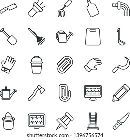 Thin Line Icon Set - drawing pin vector, job, pencil, garden fork, rake, ladder, watering can, bucket, glove, sickle, axe, monitor pulse, torch, paper clip, ladle, cutting board, knife