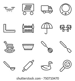 thin line icon set : drone, delivery, necklace, ruler, gothic architecture, dry cargo, palm hammock, rocking chair, colander, whisk, spatula, ladle, rolling pin, goose, viruses
