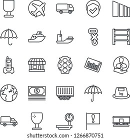 Thin Line Icon Set - earth vector, important flag, store, plane, cash, traffic light, office phone, client, sea shipping, truck trailer, car delivery, fragile, umbrella, no hook, sorting, shield