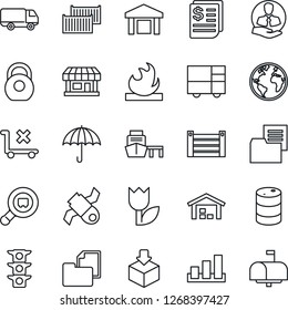 Thin Line Icon Set - earth vector, store, satellite, traffic light, client, cargo container, car delivery, receipt, sea port, consolidated, folder document, umbrella, no trolley, tulip, warehouse