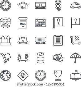 Thin Line Icon Set - earth vector, railroad, important flag, cash, 24 hours, car delivery, clock, term, clipboard, fragile, cargo, umbrella, up side sign, no trolley, hook, heavy, flammable, route