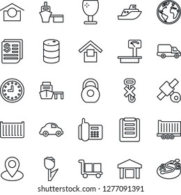 Thin Line Icon Set - earth vector, pin, satellite, office phone, sea shipping, truck trailer, cargo container, car delivery, clock, receipt, port, clipboard, fragile, warehouse storage, no hook